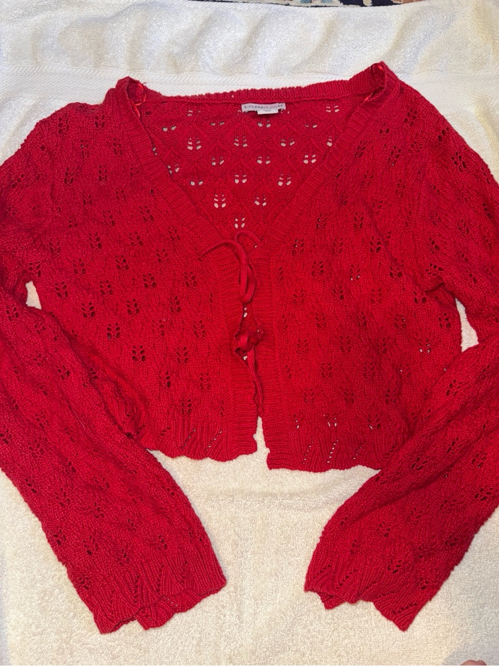 Sincerly Jules Red Openwork Tie-Front Cardigan Sweater
